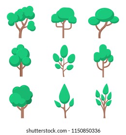 Set of tree illustrations in flat style isolated on white background. Design element for presentation, poster, banner, web page, flyer. Vector illustration