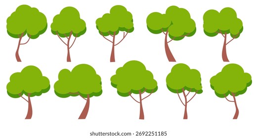 Conjunto de ilustrações de árvore em estilo plano, design de árvore simples. Tema da árvore de natureza vetorial. Árvore de desenhos animados
