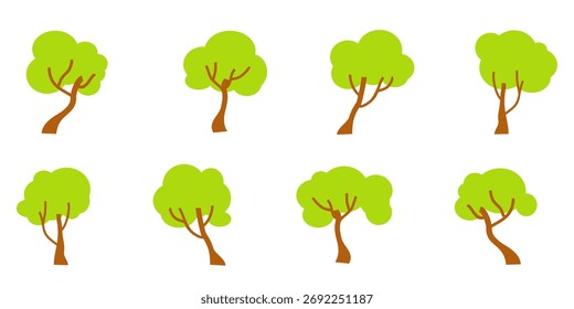 Conjunto de ilustrações de árvore em estilo plano, design de árvore simples. Tema da árvore de natureza vetorial. Árvore de desenhos animados