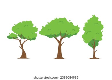 Set of tree illustrations, nature or healthy lifestyle topics, green, flat vector illustrations.