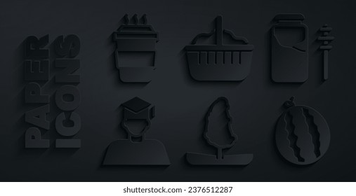 Árbol arbolado, barra de miel y palo de cuentagotas, gorra de graduación de grado, sandía, cesta y taza de café para ir icono. Vector