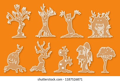 Set of tree lace vector in halloween night.tree silhouette on orange background.Trick or treat lace art highly detailed in line art style.