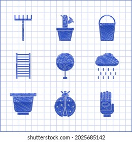 Set Tree, Ladybug, Garden gloves, Cloud with rain, Flower pot, Wooden staircase, Bucket and rake icon. Vector