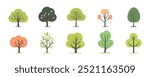 Set of tree and leaf collection hand drawn flat design vector element. botanical set of bare trees and ones with leaves and lush green