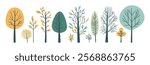 Set of tree and leaf collection hand drawn flat design vector element. botanical set of bare trees and ones with leaves and lush green