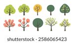 Set of tree and leaf collection hand drawn flat design vector element. botanical set of bare trees and ones with leaves and lush green