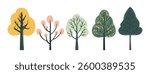 Set of tree and leaf collection hand drawn flat design vector element. botanical set of bare trees and ones with leaves and lush green