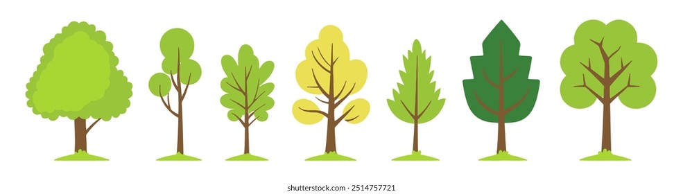 Conjunto de árbol y hoja de colección dibujado a mano elemento de Vector de diseño plano. conjunto botánico de árboles desnudos y unos con hojas y exuberante verde