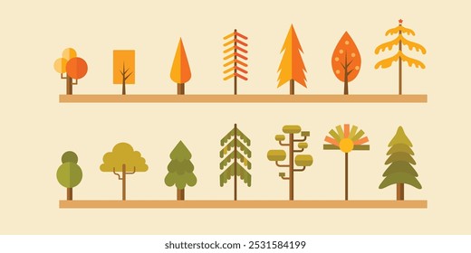 Set of tree and leaf collection hand drawn flat design vector element. botanical ,Autumn forest,Vector illustrations.