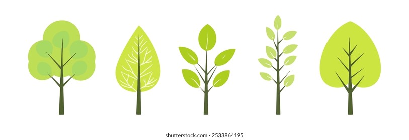 Conjunto de árvore e coleção de folhas desenhado à mão vetor de design plano. conjunto botânico de árvores nuas e aquelas com folhas e verde exuberante