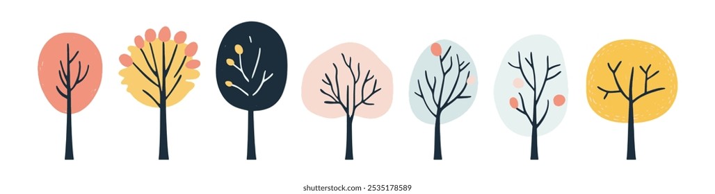 Satz von Baum- und Blattsammlung handgezeichnetes flaches Design-Vektorelement. botanischer Satz nackter Bäume und solche mit Blättern und sattem Grün