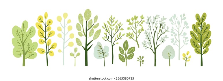 Set of tree and leaf collection hand drawn flat design vector element. botanical set of bare trees and ones with leaves and lush green