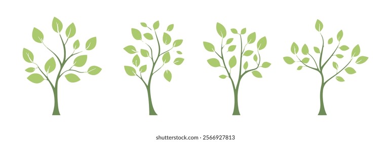Set of tree and leaf collection hand drawn flat design vector element. botanical set of bare trees and ones with leaves and lush green