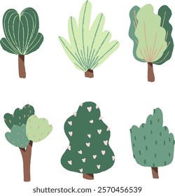 Set of tree and leaf collection hand drawn flat design vector element.  Cute Tree Illustration. botanical set of bare trees and ones with leaves and lush limited pastel color.