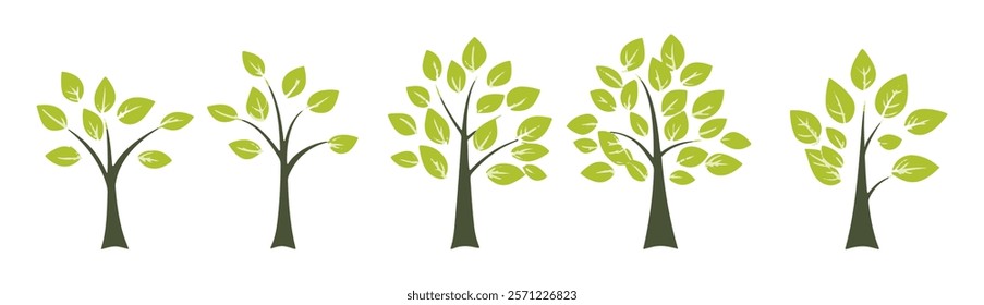 Set of tree and leaf collection hand drawn flat design vector element. botanical set of bare trees and ones with leaves and lush green