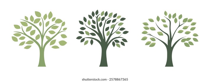 Set of tree and leaf collection hand drawn flat design vector element. botanical set of bare trees and ones with leaves and lush green. suitable for logo