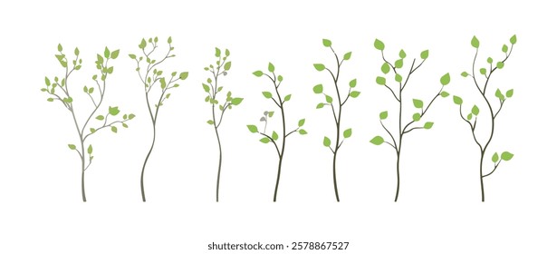 Set of tree and leaf collection hand drawn flat design vector element. botanical set of bare trees and ones with leaves and lush green