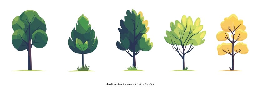 Set of tree and leaf collection hand drawn flat design vector element. botanical set of bare trees and ones with leaves and lush green