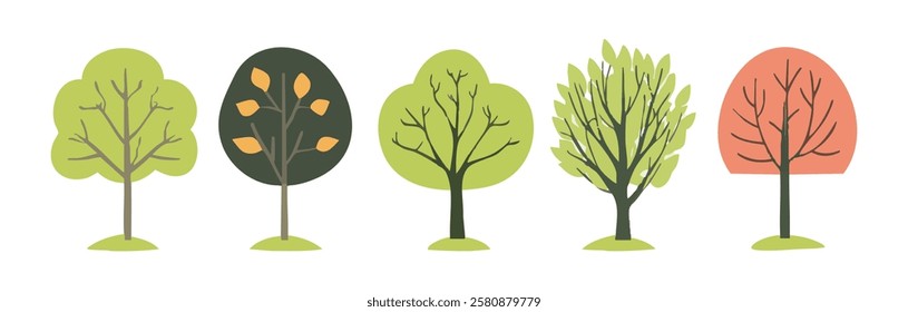 Set of tree and leaf collection hand drawn flat design vector element. botanical set of cute green trees for children illustration, game assets poster invitation