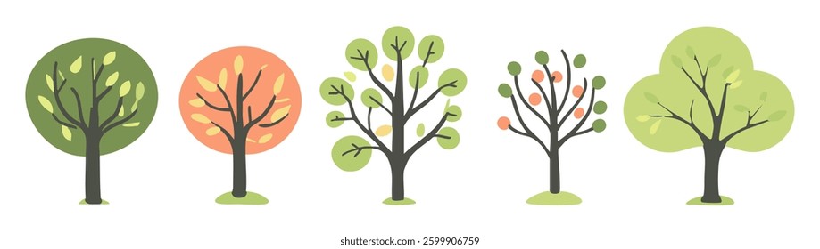 Set of tree and leaf collection hand drawn flat design vector element. botanical set of bare trees and ones with leaves and lush green