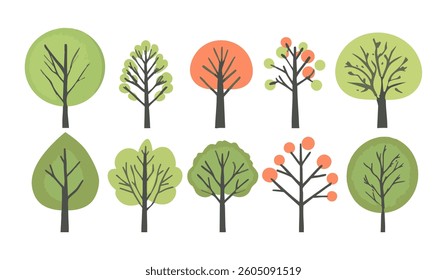 Set of tree and leaf collection hand drawn flat design vector element. botanical set of bare trees and ones with leaves and lush green