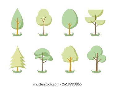 Conjunto de árbol y hoja de colección dibujado a mano plana de dibujos animados elemento de Vector de diseño. conjunto botánico de árboles desnudos y unos con hojas y verde exuberante. bosque de color suave