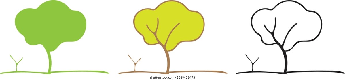 Tres árboles estilizados en diferentes estilos artísticos