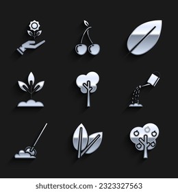 Coloca el árbol, las hojas, con manzana, el agua puede regar, palmear el suelo, la planta y la mano sujetando el icono de la flor. Vector