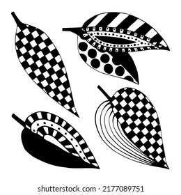 Set of tree leaves doodle graphic. Green foliage. Herbal leaf of a plant. Hand drawn vector line art black and white illustration.