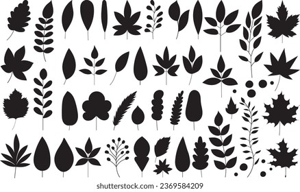 set of tree leaves silhouette, on white background, vector