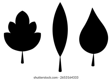 Set of tree leaves with veins. Silhouette. Pointed leaf, maple leaf, poplar leaf. Vector illustration. Isolated white background. Idea for web design.