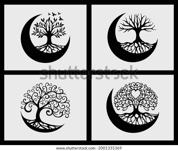 Set Tree Life Crescent Moon Decoration Stock Vector (Royalty Free ...