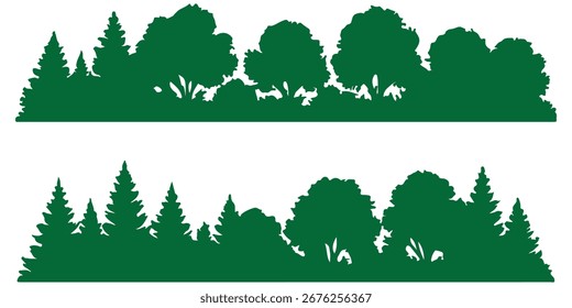 Set of tree line forest trees silhouette isolated on white background. Nature trees panorama vector illustration