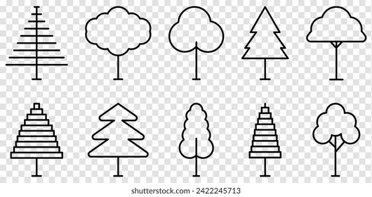 Conjunto de iconos de línea de árbol. Ilustración del vector aislada en fondo transparente
