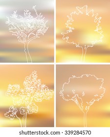 Set of tree line logo on golden blur sunset background, vector mesh yellow sky light banner, orange summer natural wallpaper.