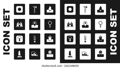 Set Tree, Location for camping, Binoculars, Sun, Magnifying glass, Hammer, Trash can and Mushroom icon. Vector
