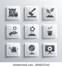 Set Tree, Location with flower, Plant in pot, Flower, Watering can, Hand holding, Apple the sack and  icon. Vector