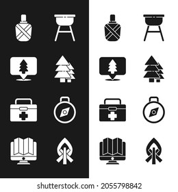 Set Tree, Location of the forest, Canteen water bottle, Barbecue grill, First aid kit, Compass, Campfire and in monitor icon. Vector