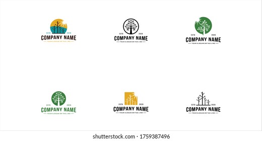 set tree logo design vintage vector template