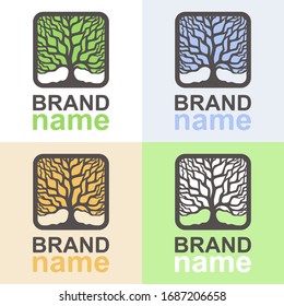 Conjunto de logos de árbol en diferentes momentos del año. Iconos cuadrados con ramas marrones y baúles sobre fondo blanco, azul, naranja y verde. Icono, signo, símbolo o identidad de marca. Ilustración vectorial.