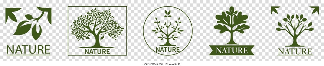 Set of tree logos. Garden plant natural symbols template. Vector illustration isolated on transparent background
