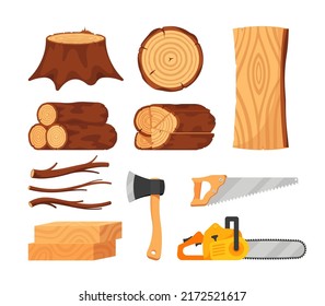 Set of Tree Logs, Wooden Planks and Tools, Timbers and Woodcutter Instruments Chainsaw, Saw, Axe. Tree Branches Heap, Cut with Ages Rings Isolated on White Background. Cartoon Vector Illustration