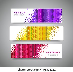 Set of tree modern geometric vector banners with polygonal background. Violet, yellow, purple