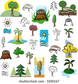 A set of tree and nature scene vector icons in color, and black and white renderings.