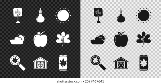 Set Tree, Onion, Sun, Magnifying glass with leaf, Farm house, Leaf mobile phone, and cloud weather and Apple icon. Vector