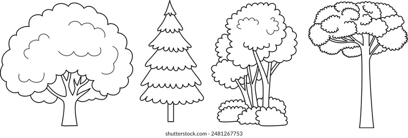 Set of tree outline coloring page