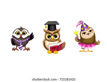 Set of tree owls isolated on white background. Owl in a tie. The girl is an owl dressed fairy. Smart owl with a book in the graduete cap. Cartoon icons. Vector illustration.