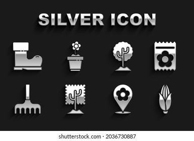 Set Tree, Pack full of seeds of plant, Corn, Location with flower, Garden rake, Waterproof rubber boot and Flower in pot icon. Vector