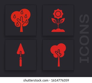 Set Tree, Tree with pears, Flower and Garden trowel spade or shovel icon. Vector