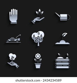 Árbol con peras, Flor en maceta, Caja de madera para frutas y verduras, Brote, mano de protección ambiental, Cortadora de césped, Regadera e icono de guantes de jardín. Vector